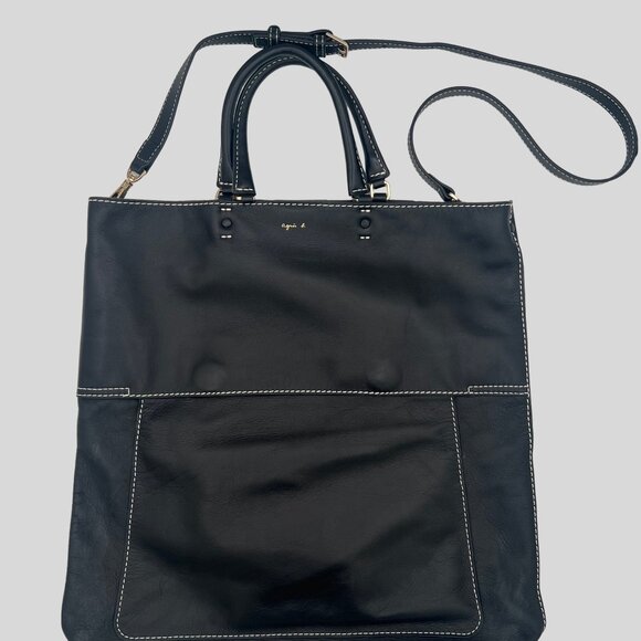 Agnes B. Black Leather Crossbody Tote Bag with Contrast Stitching - Picture 2 of 9